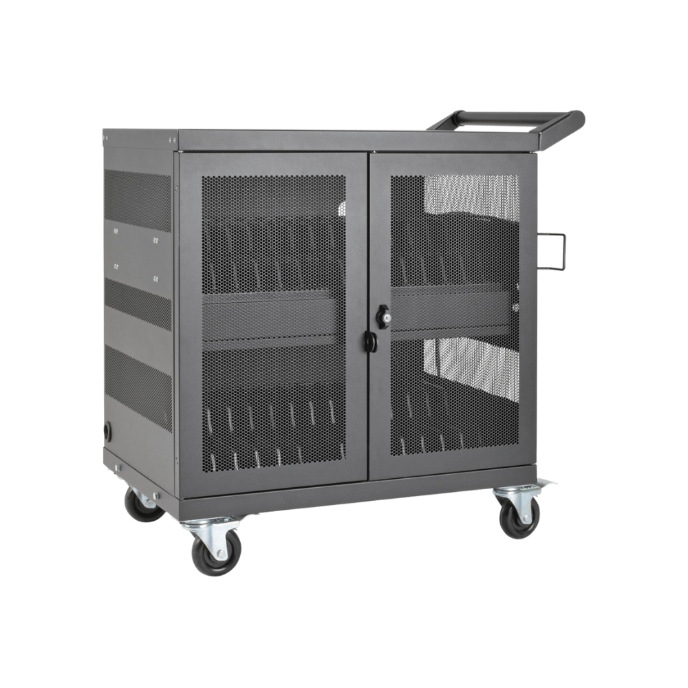 Eaton Tripp Lite 32-Port USB Charging Cart – Secure Storage for Tablets, iPad & Android, Wall-Mountable, 4" Casters, Steel, Black