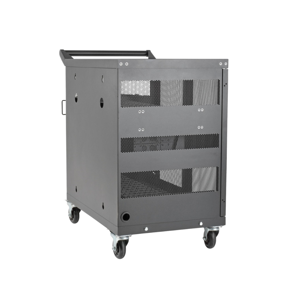 Eaton Tripp Lite 32-Port USB Charging Cart – Secure Storage for Tablets, iPad & Android, Wall-Mountable, 4" Casters, Steel, Black