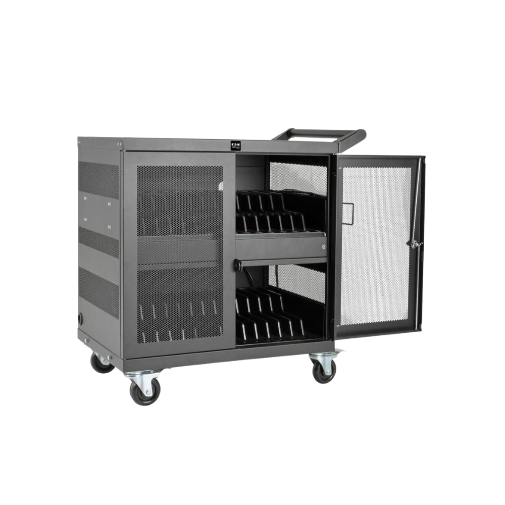 Eaton Tripp Lite 32-Port USB Charging Cart – Secure Storage for Tablets, iPad & Android, Wall-Mountable, 4" Casters, Steel, Black