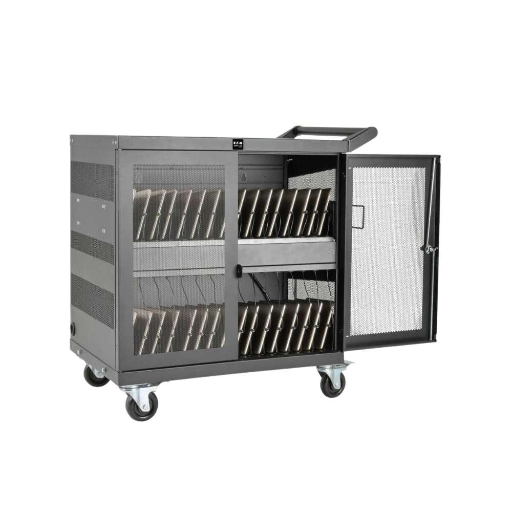 Eaton Tripp Lite 32-Port USB Charging Cart – Secure Storage for Tablets, iPad & Android, Wall-Mountable, 4" Casters, Steel, Black