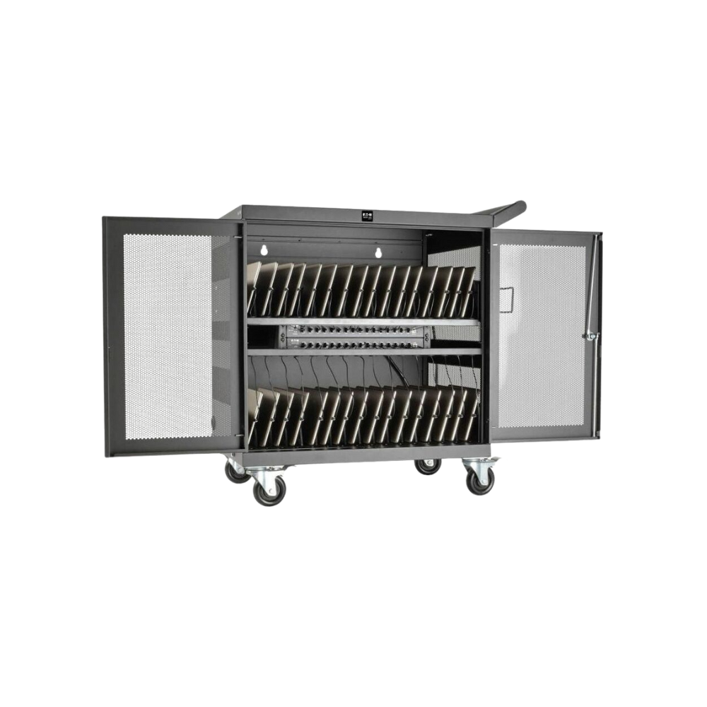 Eaton Tripp Lite 32-Port USB Charging Cart – Secure Storage for Tablets, iPad & Android, Wall-Mountable, 4" Casters, Steel, Black