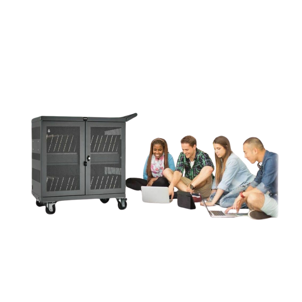 Eaton Tripp Lite 32-Port USB Charging Cart – Secure Storage for Tablets, iPad & Android, Wall-Mountable, 4" Casters, Steel, Black