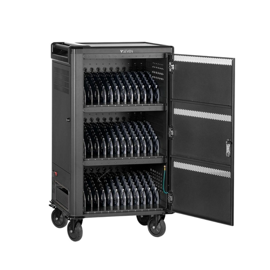 V7 36-Device USB-C PD Charging Cart – Pre-Wired, 65W USB-C Power Delivery, 5" Casters, Supports Laptops & Tablets up to 16" – Black