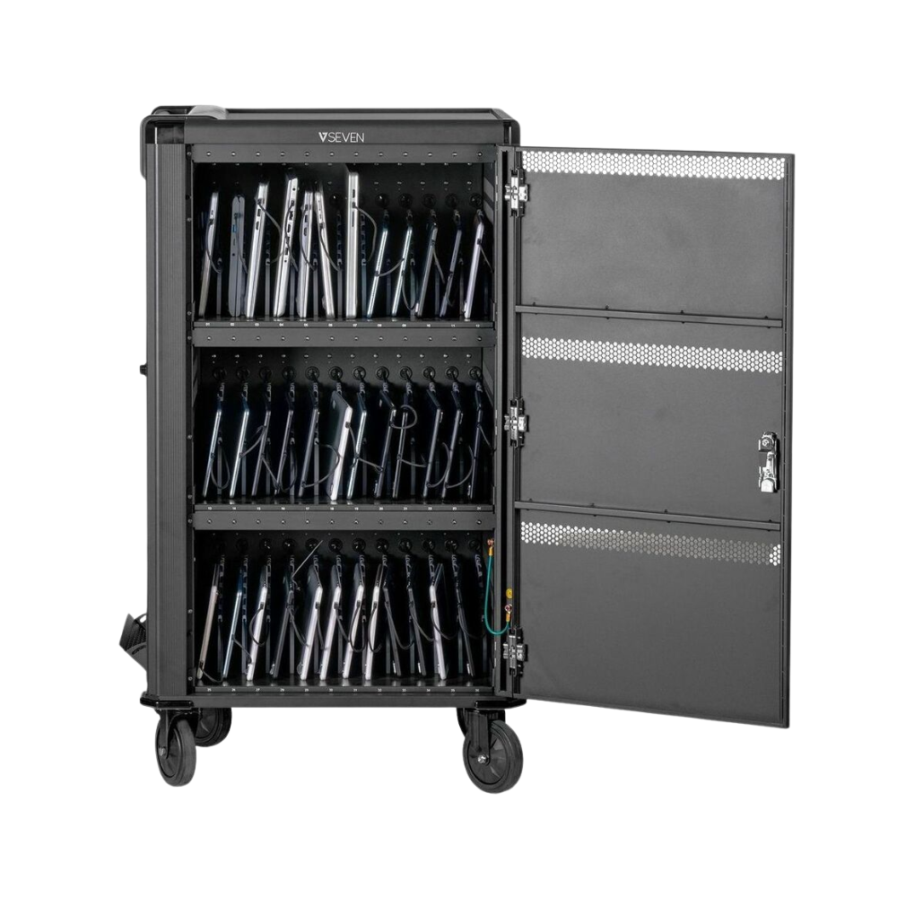 V7 36-Device USB-C PD Charging Cart – Pre-Wired, 65W USB-C Power Delivery, 5" Casters, Supports Laptops & Tablets up to 16" – Black