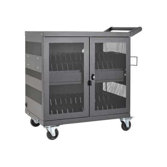 Eaton Tripp Lite 32-Port USB Charging Cart – Secure Storage for Tablets, iPad & Android, Wall-Mountable, 4" Casters, Steel, Black