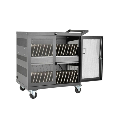 Eaton Tripp Lite 32-Port USB Charging Cart – Secure Storage for Tablets, iPad & Android, Wall-Mountable, 4" Casters, Steel, Black
