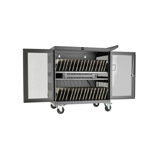 Eaton Tripp Lite 32-Port USB Charging Cart – Secure Storage for Tablets, iPad & Android, Wall-Mountable, 4" Casters, Steel, Black